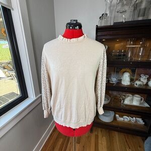 Adrianna Papell Beige Floral Chiffon Sleeves Ruffle Neck Sweater Size XL